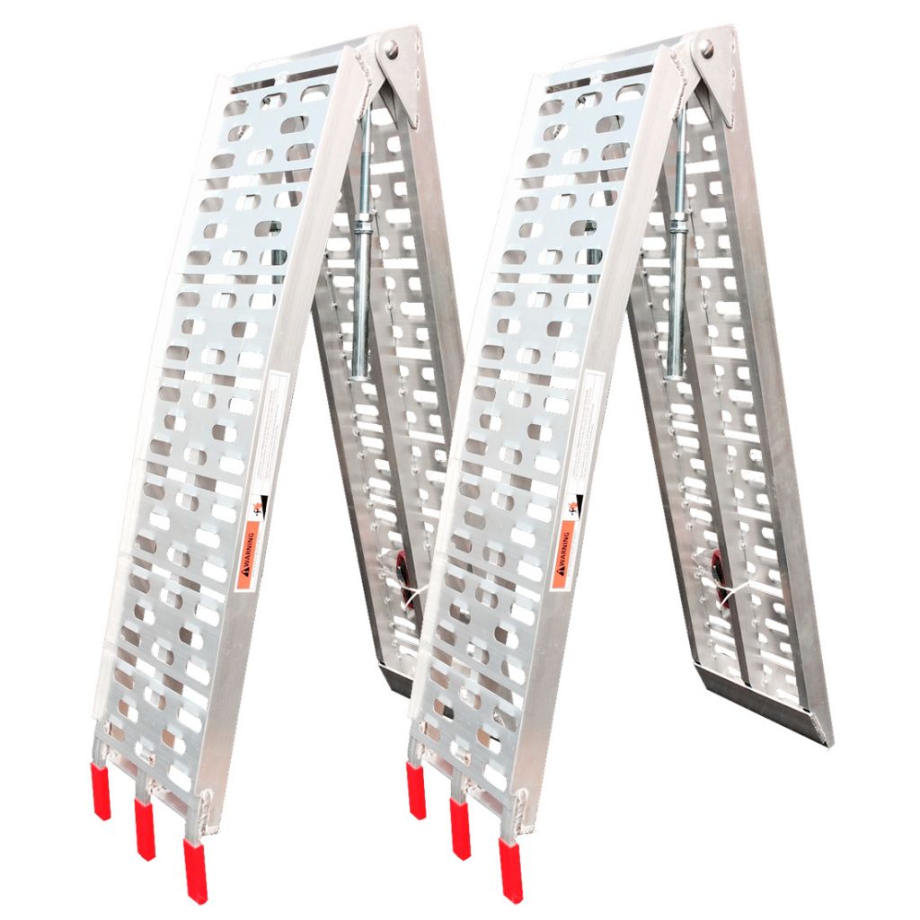 Ramper ATV / Quad, to sammenleggbare aluminiumsramper med perforerte flater og røde gummiknotter i endene.