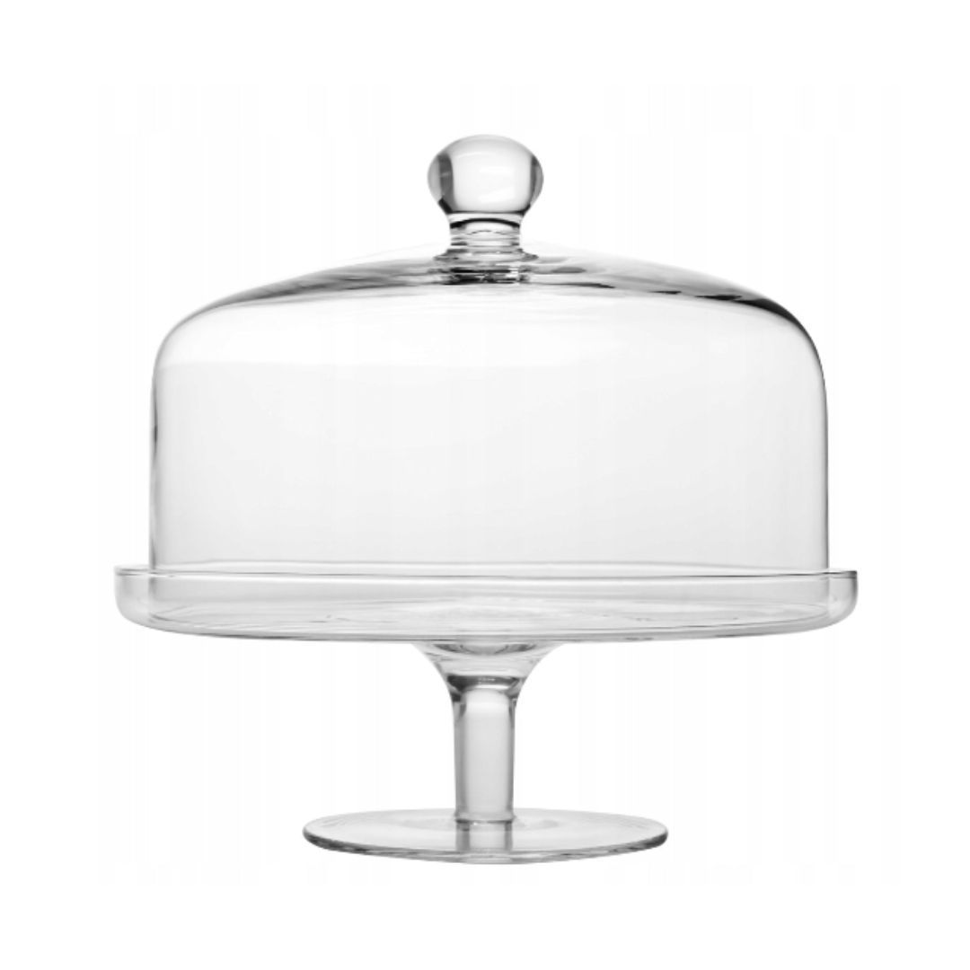 Serveringsfat, rundt klart glassfat på stett med tilhørende glasslokk og enkel, elegant design.