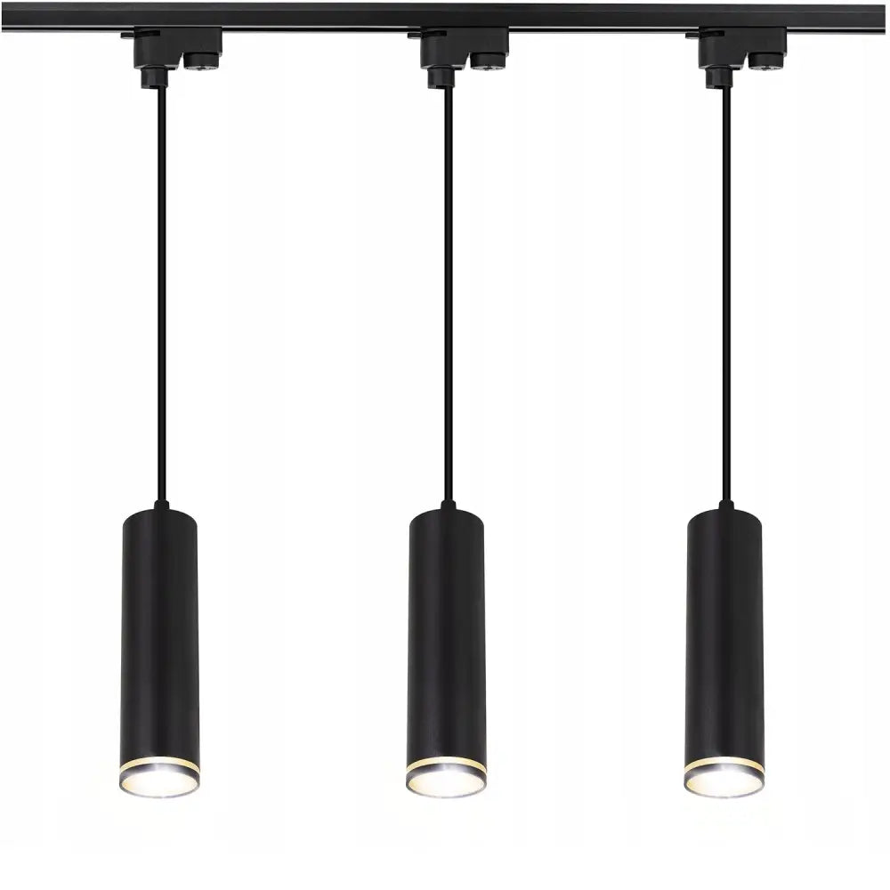 Kabel- Og Skinnesystemer, tre svarte sylinderformede lamper i metall henger fra en rett, sort skinne i moderne stil.