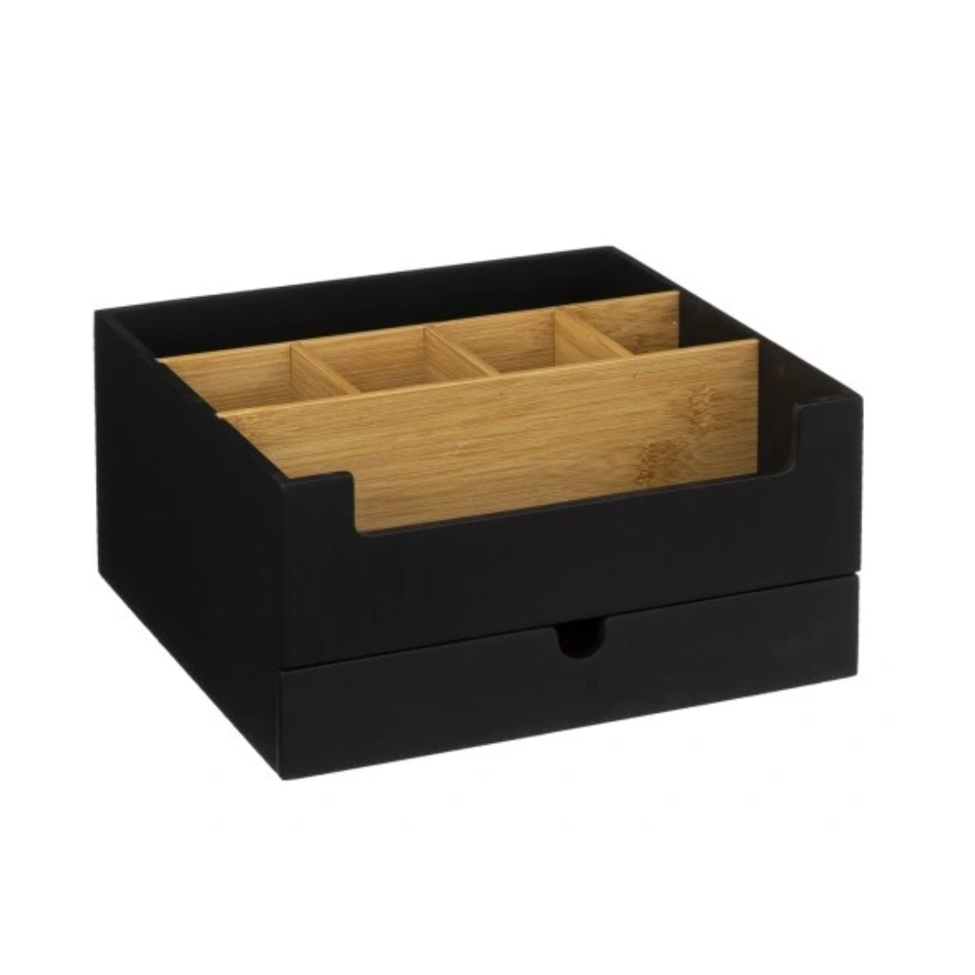Beholder, sort firkantet boks med lyse bambusrom øverst og uttrekkbar skuff nederst.