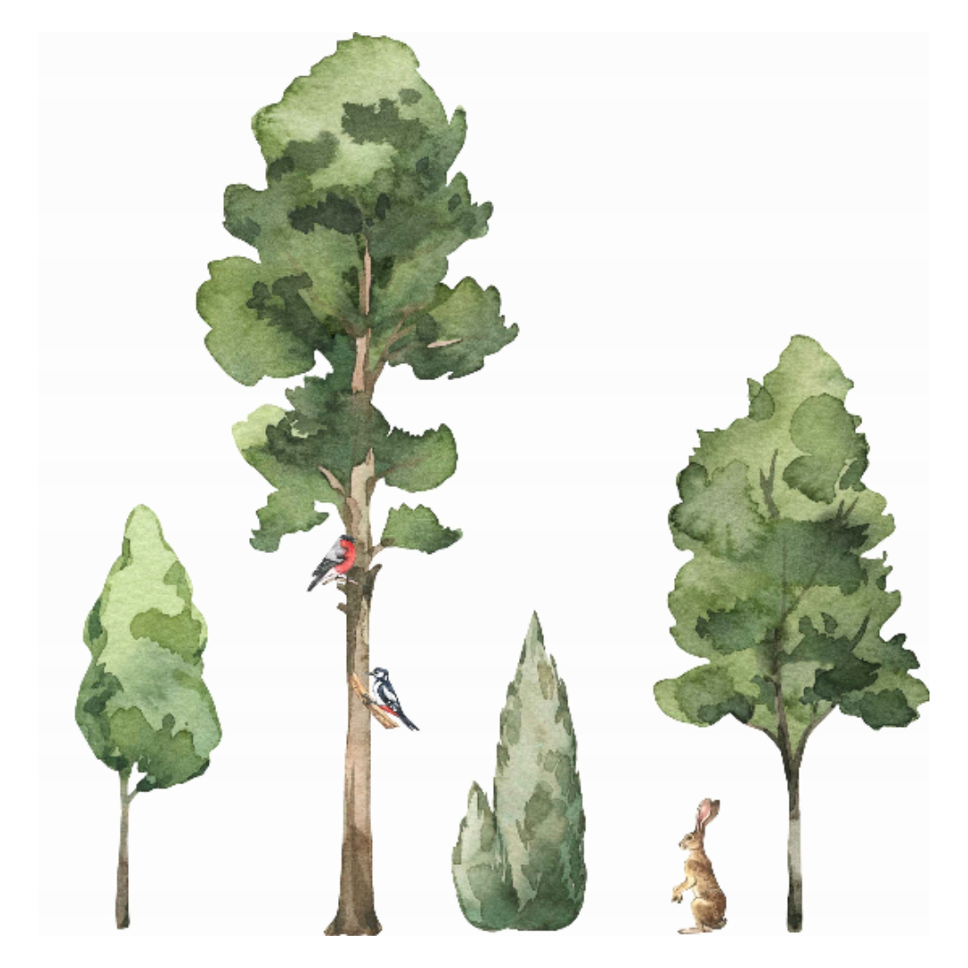 Veggklistremerker, fire grønne trær i akvarellstil med to små fugler i greinene og en brun hare under.