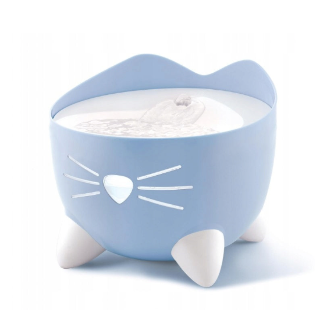 Katteskål, blå og hvit keramisk skål utformet som et katteansikt med rosa ører, poter og malte værhår.