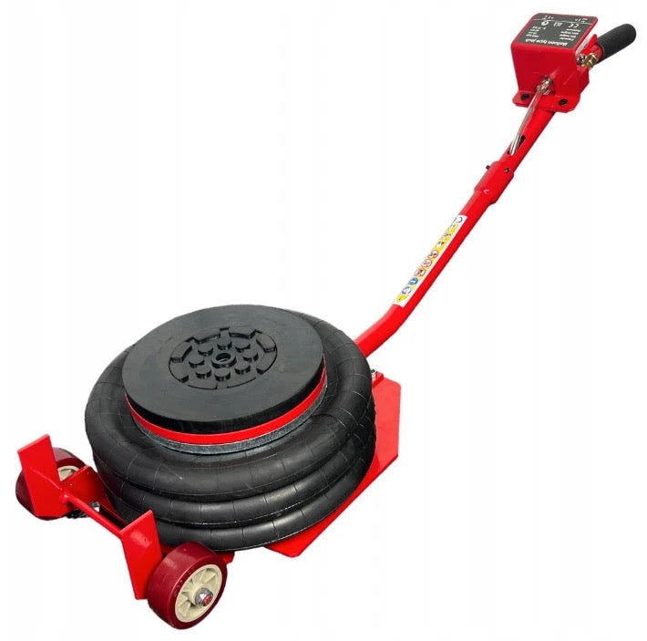 Jekk, rød hydraulisk løfteanordning med gummibelg, to sorte hjul og langt metallhåndtak med styringspanel.