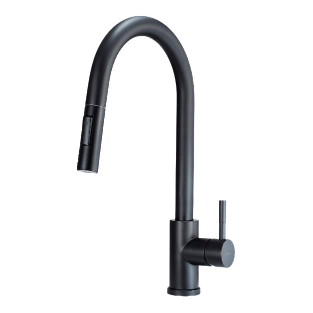 Blandebatteri kjøkken, sort moderne kjøkkenbatterimed buet tut, enkelthåndtak og matt overflate i slankt design.