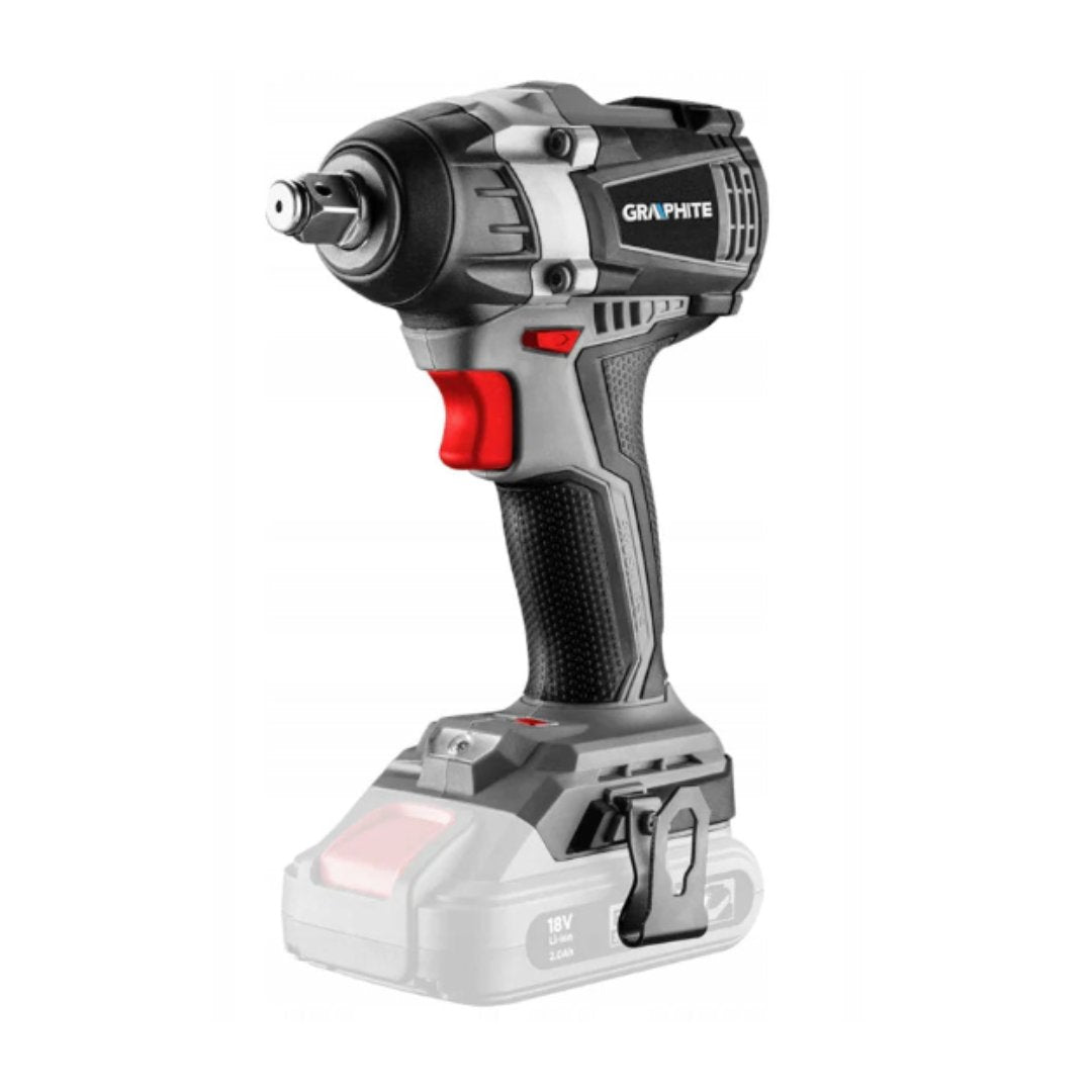 Muttertrekker, sort og grå elektrisk muttertrekker med rød avtrekker og ergonomisk håndtak samt delvis gjennomsiktig batteri.