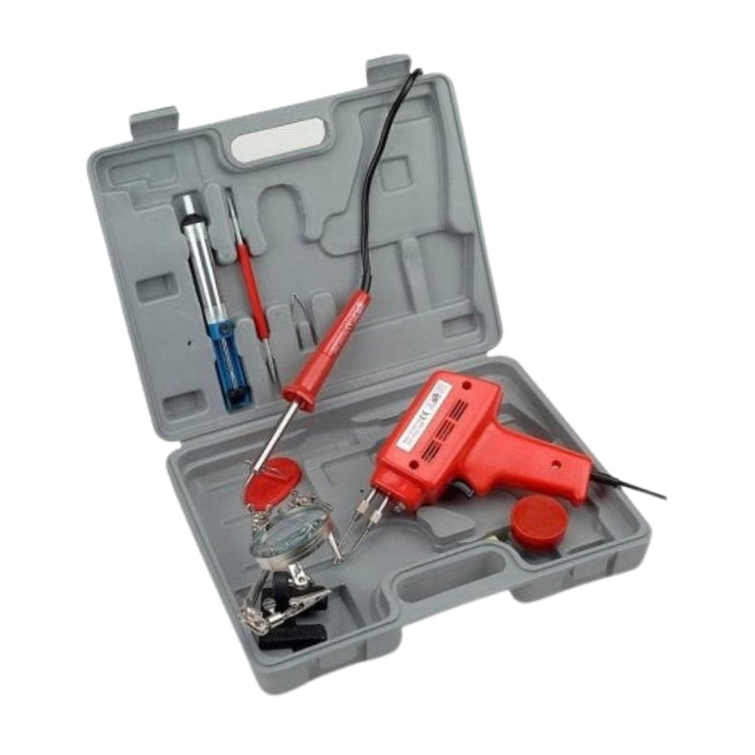 Lodding, grått plasetui med rød loddebolt, loddepistol, forstørrelsesglass og tenger i separate rom.