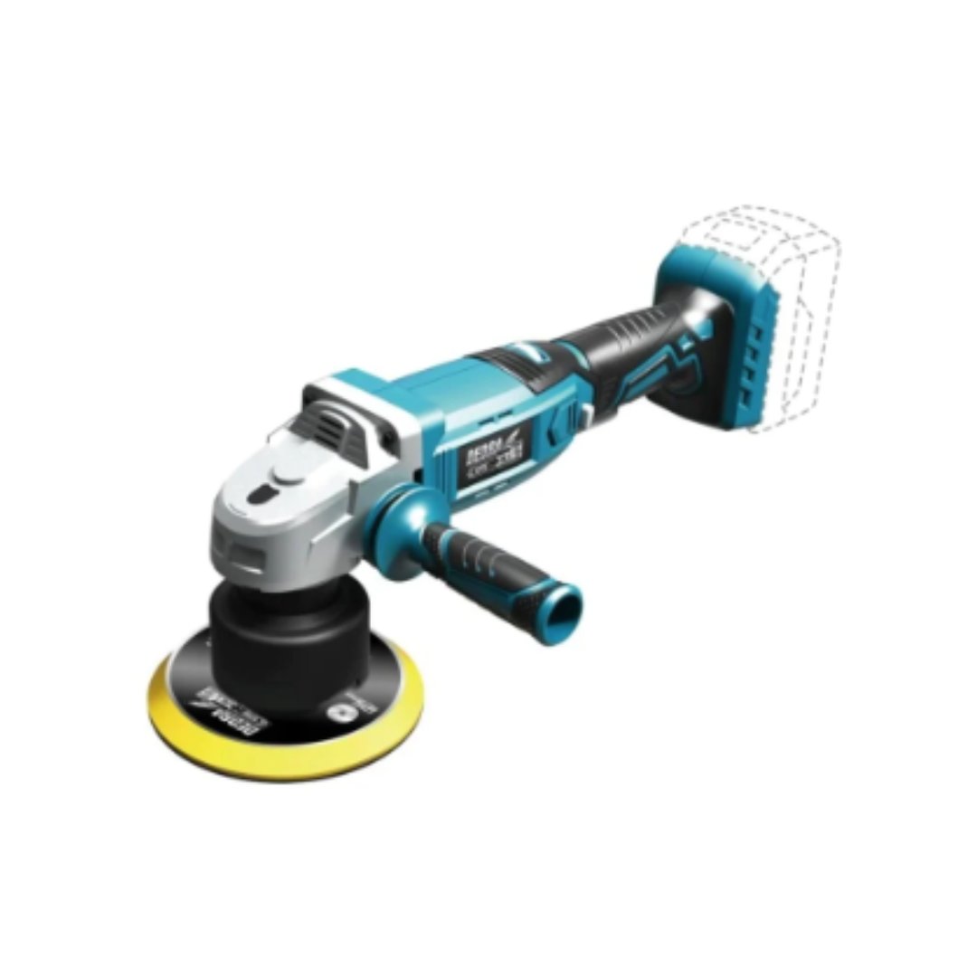 Polermaskiner, blå og svart elektrisk maskin med rundt poleringshode og sidehåndtak i plast.