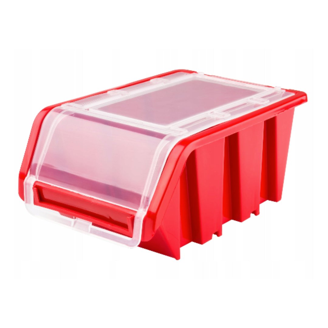 Modulbakker, rød avlang plastboks med gjennomsiktig lokk og front, tydelige rette kanter.