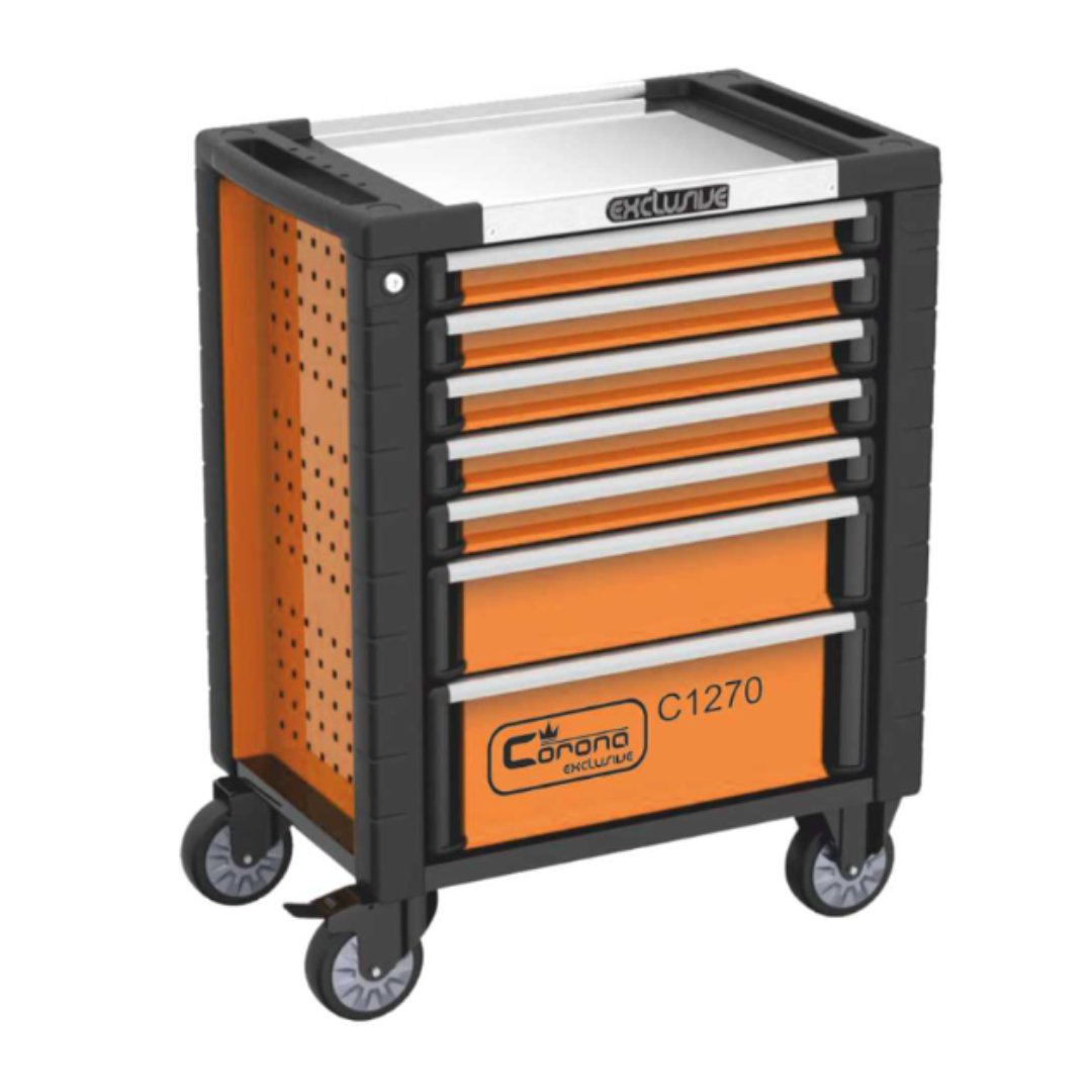 Verktøyvogn, sort og oransje oppbevaringsvogn med seks skuffer, håndtak og perforerte sideplater på hjul.