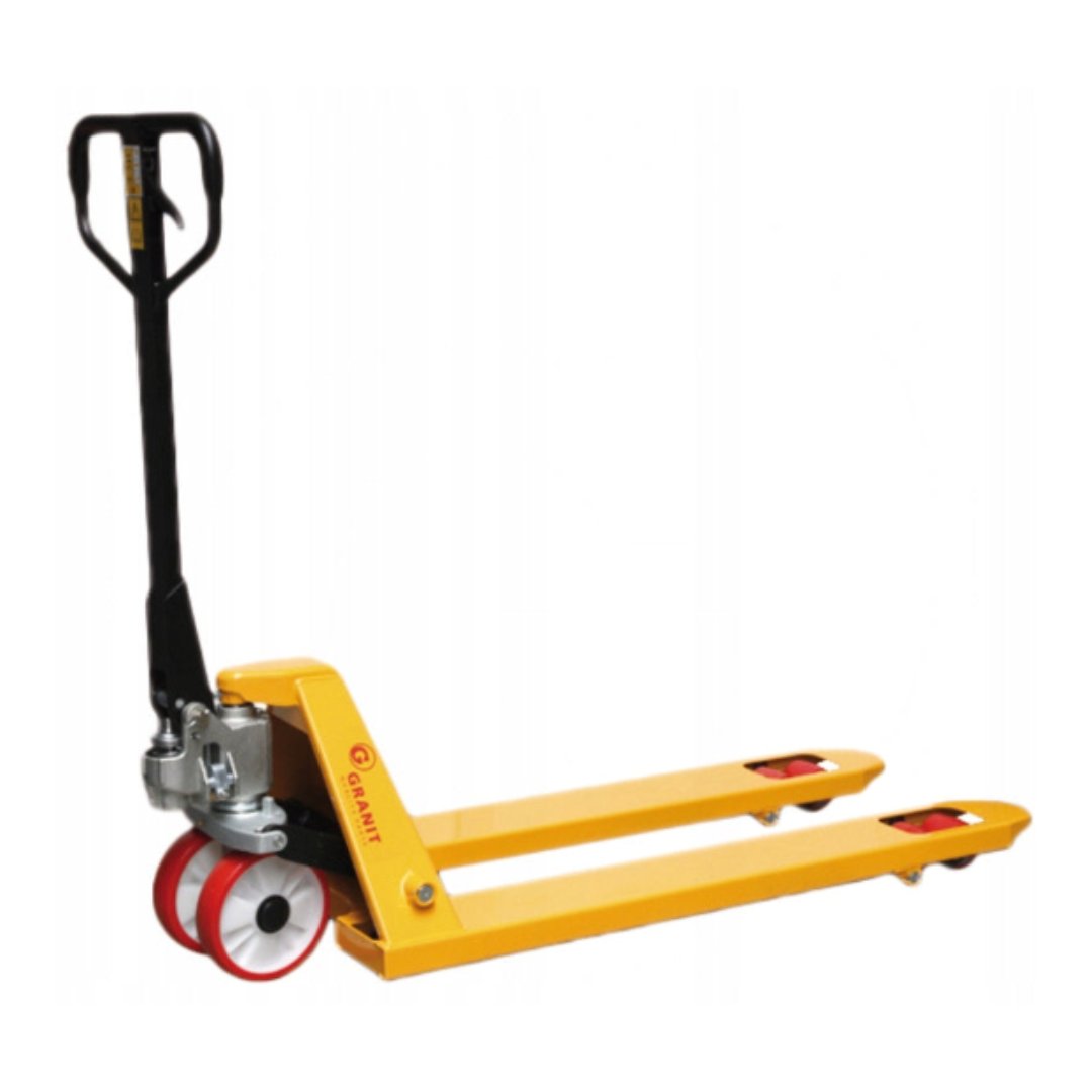 Jekketralle, gul og sort tralle med to lange gafler, rød-hvite hjul foran og sort håndtak i stål.