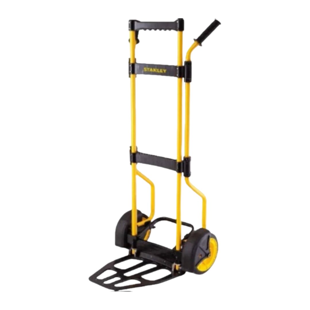 Traller, gul og svart sammenleggbar modell med to store hjul, bærehåndtak og robuste metallrør.