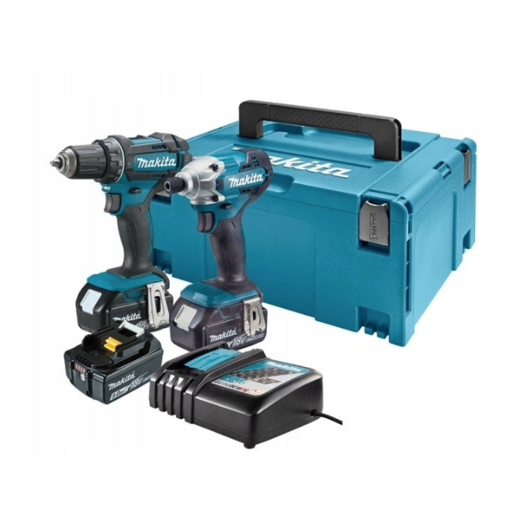 El-verktøysett, to blå-svarte batteridrevne verktøy med batterier, lader og robust oppbevaringskoffert.