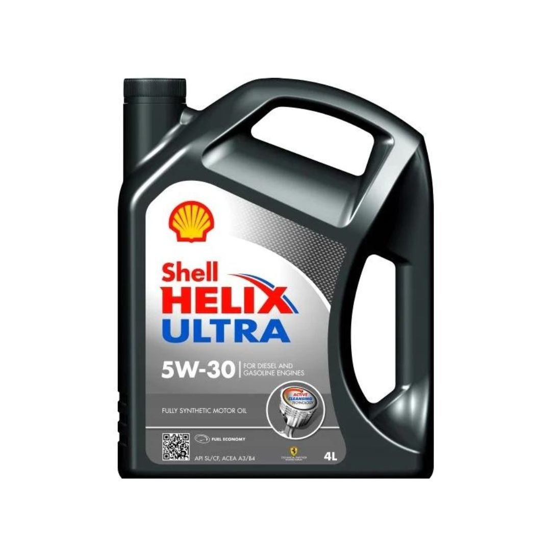Motorolje, svart plastkanne med stort håndtak, Shell-logo og teksten "Helix Ultra 5W-30" på etiketten.