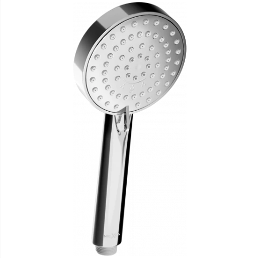 Dusjhåndtakene, moderne rundt dusjhode i krom med mange små dyser og synlig gjenge nederst.