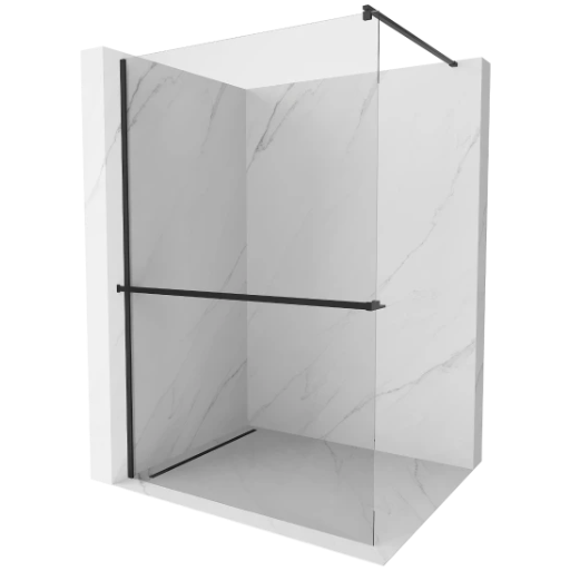 Dusjvegg, minimalistisk gjennomsiktig glassvegg med svarte metallprofiler mot hvit marmorinspirert vegg.