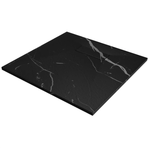 Kvadratiske Dusjbrett, svart kvadratisk dusjbrett med marmormønster, matt finish og integrert rektangulært avløp.