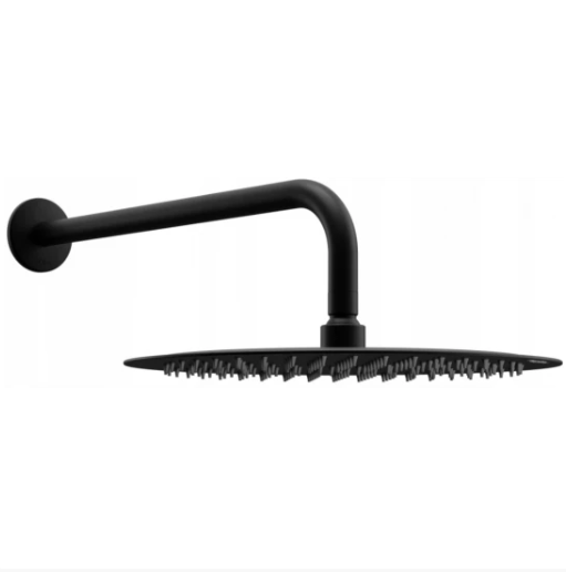 Dusjhoder, moderne sort dusjhode med rund flat overflate og gummidyser montert på rett veggarm.