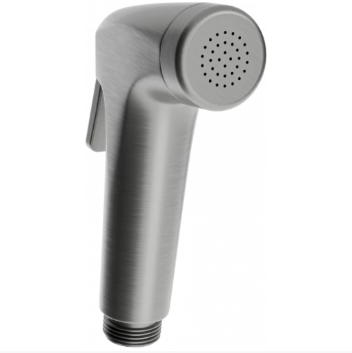 Bidethåndtak, sølvfarget håndtak med avrundet front, små hull på sprutedelen og sort gjengefeste nederst.