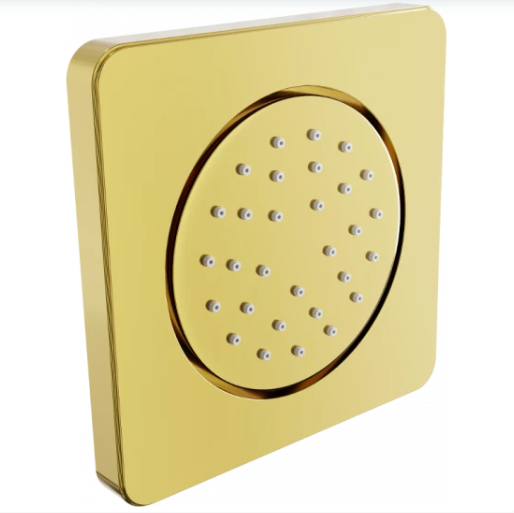 Dusjmunnstykker, firkantet gullfarget metallplate med rund midtdel og små dyser i moderne, stilrent design.