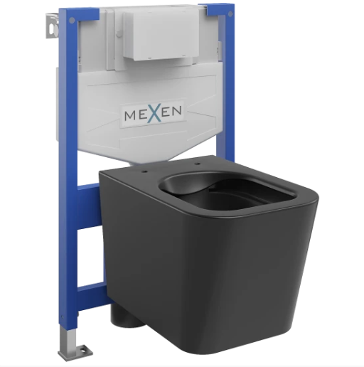 Toaletter, vegghengt sort toalettskål med synlige monteringsdetaljer og blått innbyggingssystem i metall.