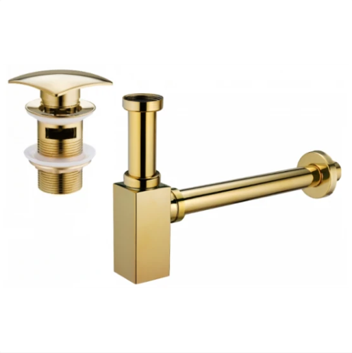 Servantsluk, gullfargede baderomsdeler i sylinder- og kvadratisk form plassert ved siden av hverandre.