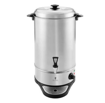 Bain Maries & Varmeplater, stor sylinderformet rustfri ståltank med lokk, tappkran og kontrollpanel nederst.