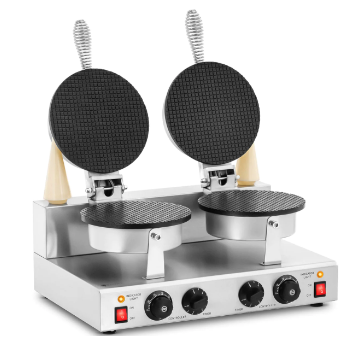 Bakeri & Kafé, rustfri dobbel vaffelmaskin med runde varmeplater, fire knapper og solide håndtak.