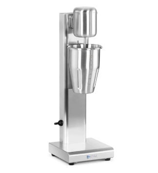 Bar, sølvfarget mikser med skinnende stålbeger står på en firkantet base mot en enkel bakgrunn.