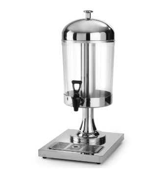 Catering & Mattransport, rustfri stående dispenser med gjennomsiktig beholder og tapp på rektangulært dryppbrett.