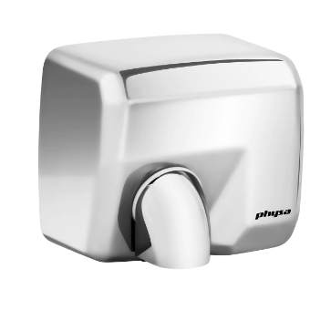 Hygiene & Renhold, sølvfarget elektrisk håndtørker med blank overflate og avrundede kanter, utløp nederst.