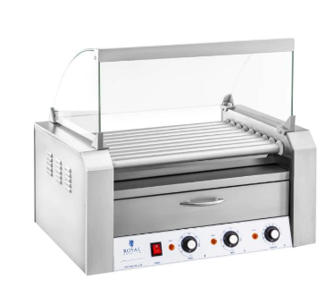 Kjøkken, sølvfarget elektrisk maskin med roterende ruller, kontrollpanel og glassbeskyttelse i moderne stil.