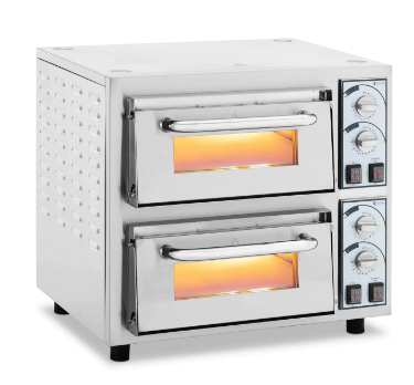 Pizzeria, toetasjes rustfri ovn med store håndtak, vinduer med innvendig lys og kontrollpanel med dreieknapper.