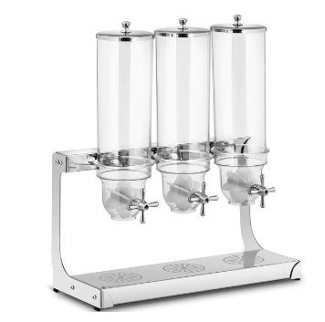 Restaurant, gjennomsiktige beholdere i rustfritt stål med tappekraner står på et blankt stativ.