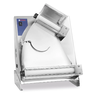 Deigvalser, stor rustfri maskin med to brede valser, skrå front, betjeningspanel og bryter i industrielt design.