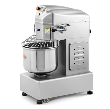 Planetmiksere for deig, stor planetmikser i rustfritt stål med sikkerhetsrist, kontrollpanel og hjul på sokkel.