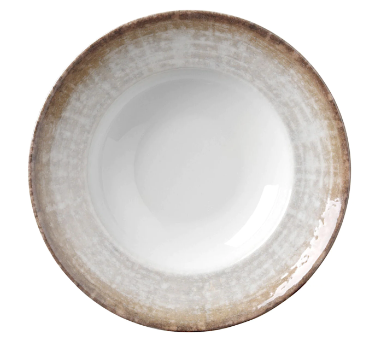 Borddekking & Servise, beige og brun flat tallerken med bred kant og blank overflate som reflekterer lyset.