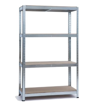 Reoler, moderne frittstående hylle med fire avlange tredeler og svart metallramme i minimalistisk stil.