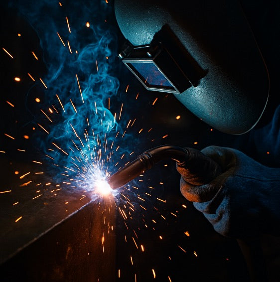 Sveiseapparat, konsentrert person med svart sveisehjelm og hansker sveiser metall mens gnister og blå røyk stiger.