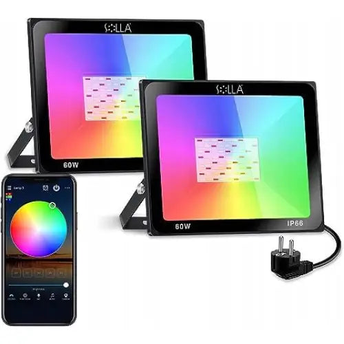 Smart Belysning, to rektangulære LED-paneler med flerfargede lys ved siden av en smarttelefon med fargevalgmeny.