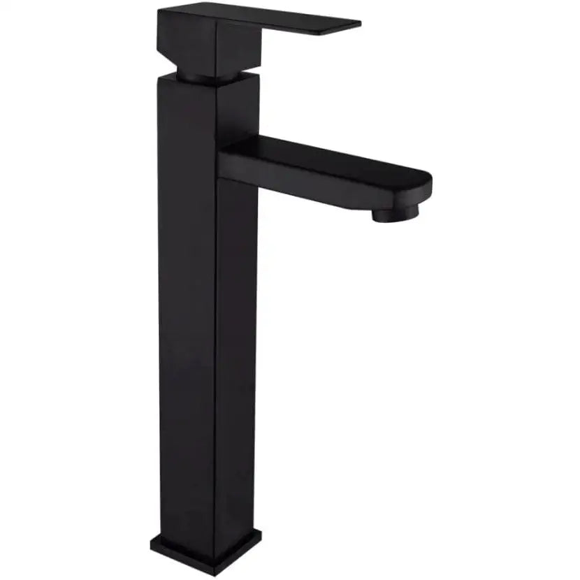 Servantbatteri, moderne matt svart høy kran med rette linjer, firkantet form og enkel spak.