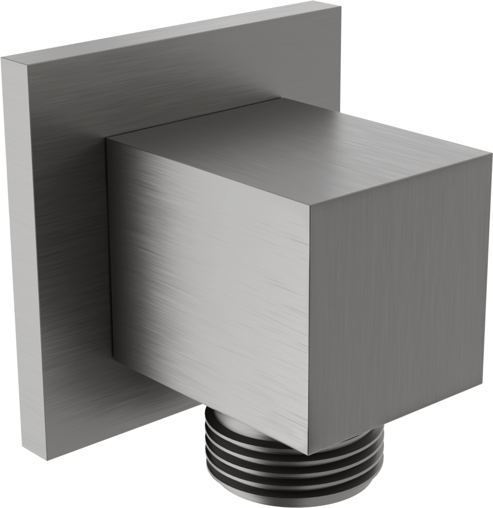 Vinkeltilkoblinger, børstet metallisk firkantet koblingsdel med synlige gjenger nederst montert på veggplate.