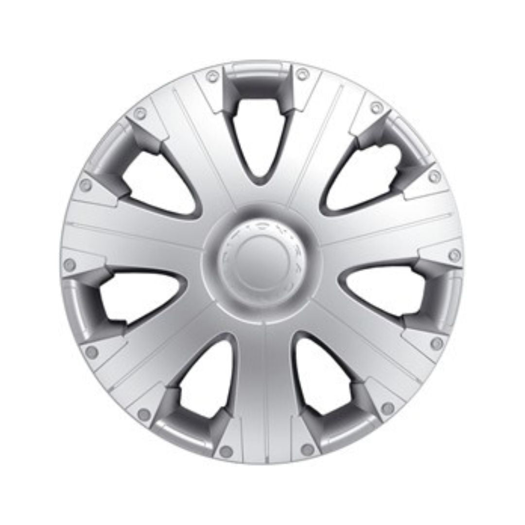 Hjulkapsler, sølvfarget rund modell med flere tynne eiker, åpninger og glatt symmetrisk overflate.
