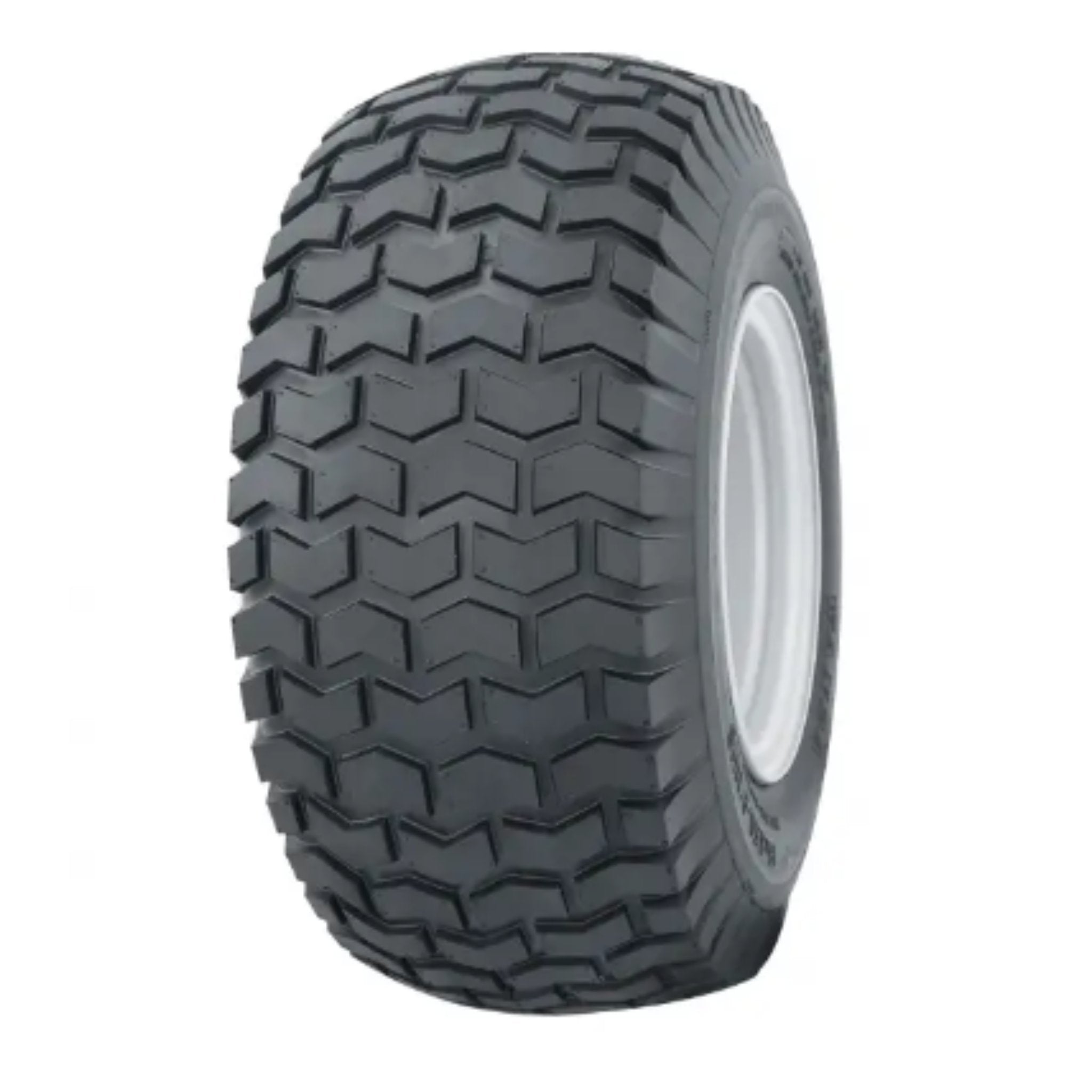 Industriell Dekk, stort og robust svart dekk med grovt vinklet mønster og grå felg vist i helprofil.