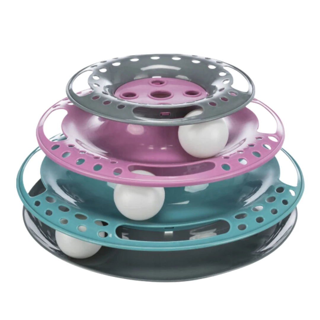 Katteleker, flerfarget stablet leke med tre nivåer der hver sirkel inneholder en hvit ball i rille.