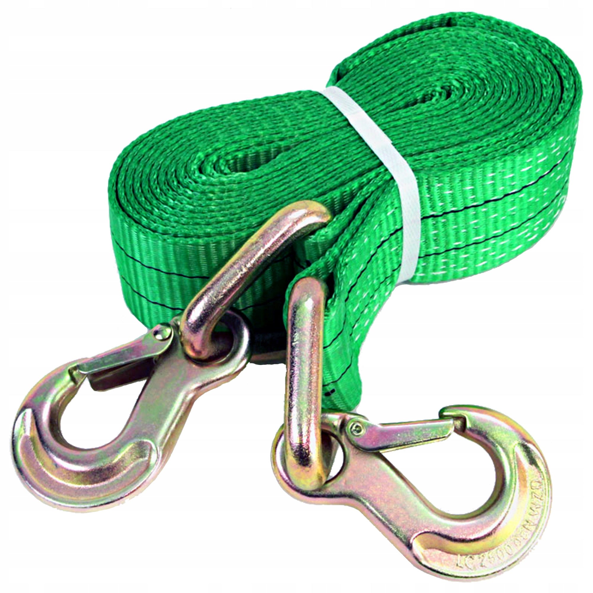 Biltilbehør, grønt kraftig tekstilslepetau med to solide metallkroker rullet sammen i en spiral.