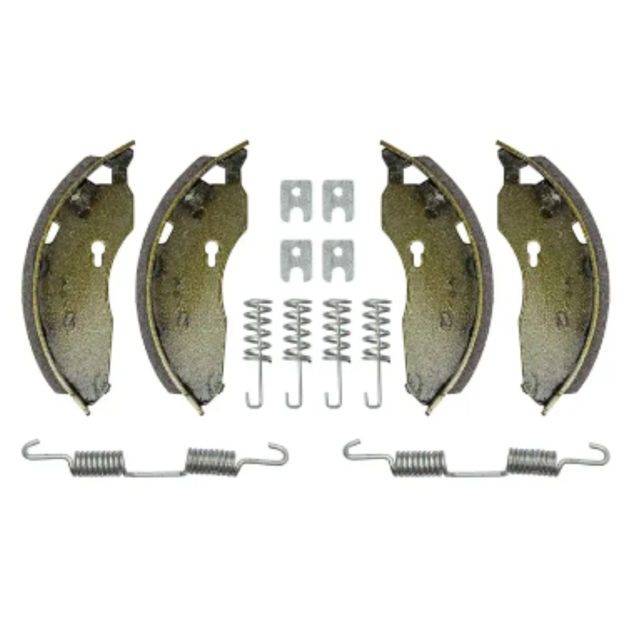 Bremsesko, fire buede metallkomponenter med grått friksjonsbelegg og tilhørende fjærer og plater.