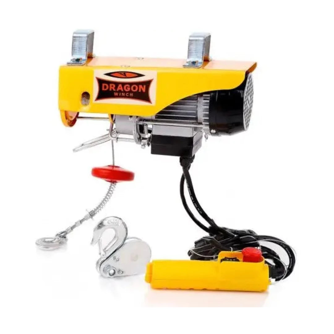 Vinsjer 230V, elektrisk vinsj med gul og svart motorenhet, ståltau, krok og trådløs fjernkontroll.