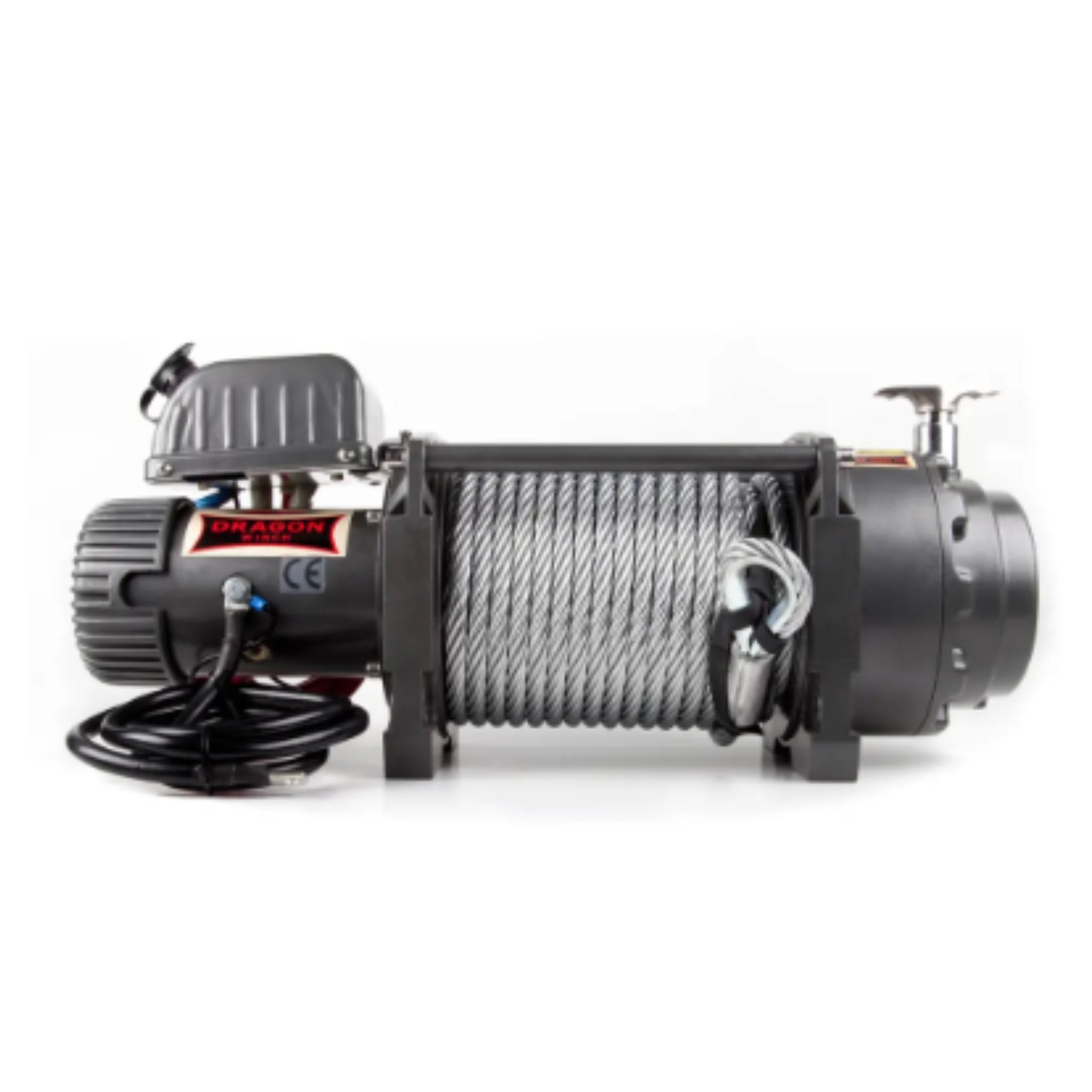 Vinsj, elektrisk sort metallvinsj med ståltau rullet på trommel, krok og synlig sort ledning.