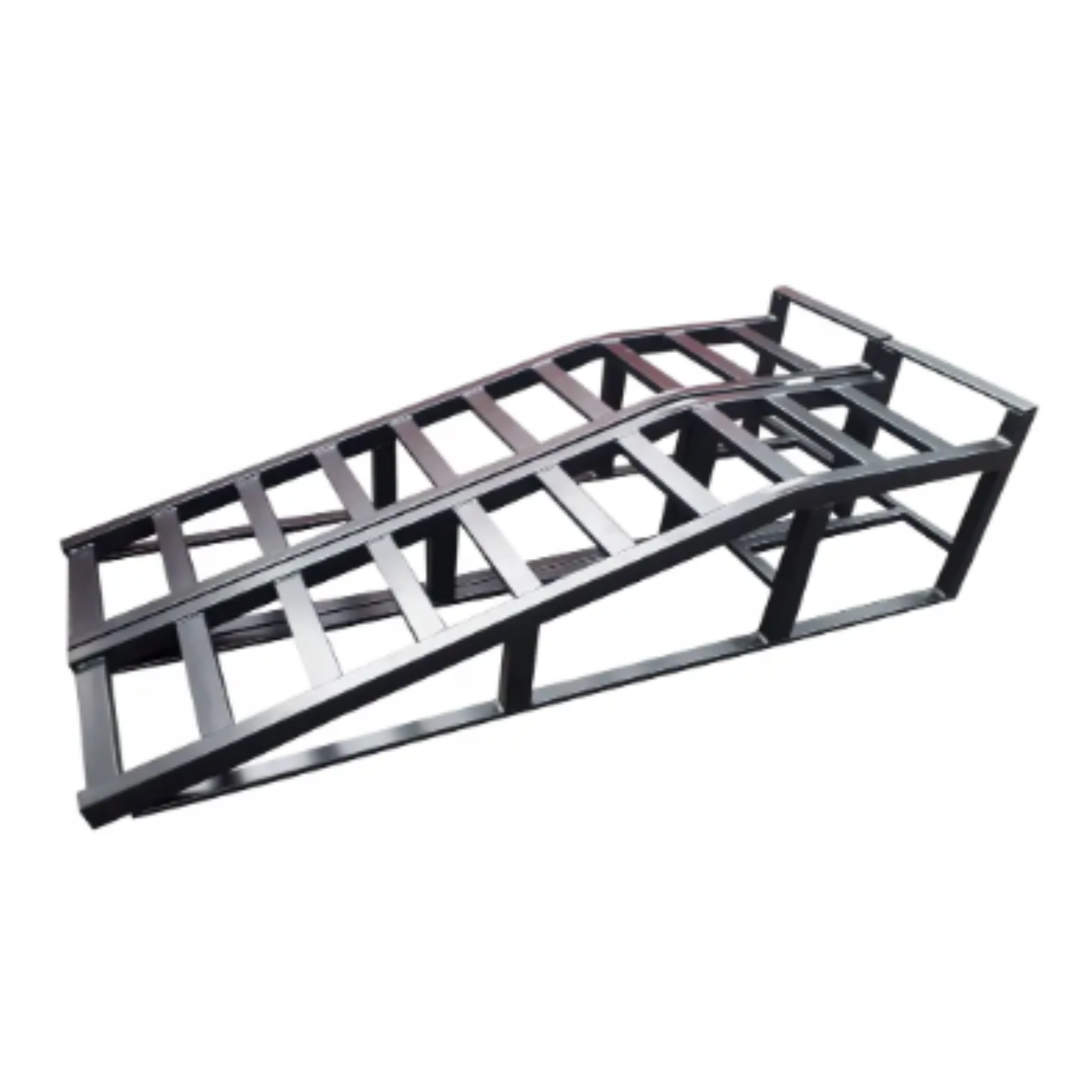 Verkstedutstyr, svart kraftig metallrampe med åpne trinn og skrå konstruksjon vist i detalj.