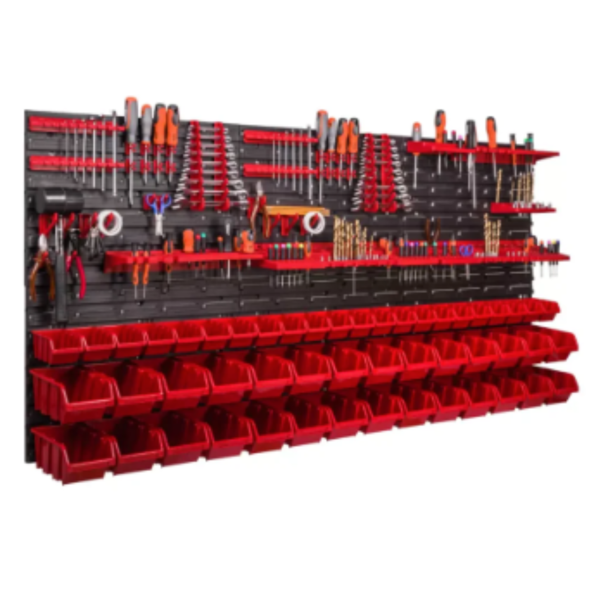 Verktøyoppbevaring, sort veggmontert løsning med røde bokser og hyller fylt med håndverktøy og smådeler.